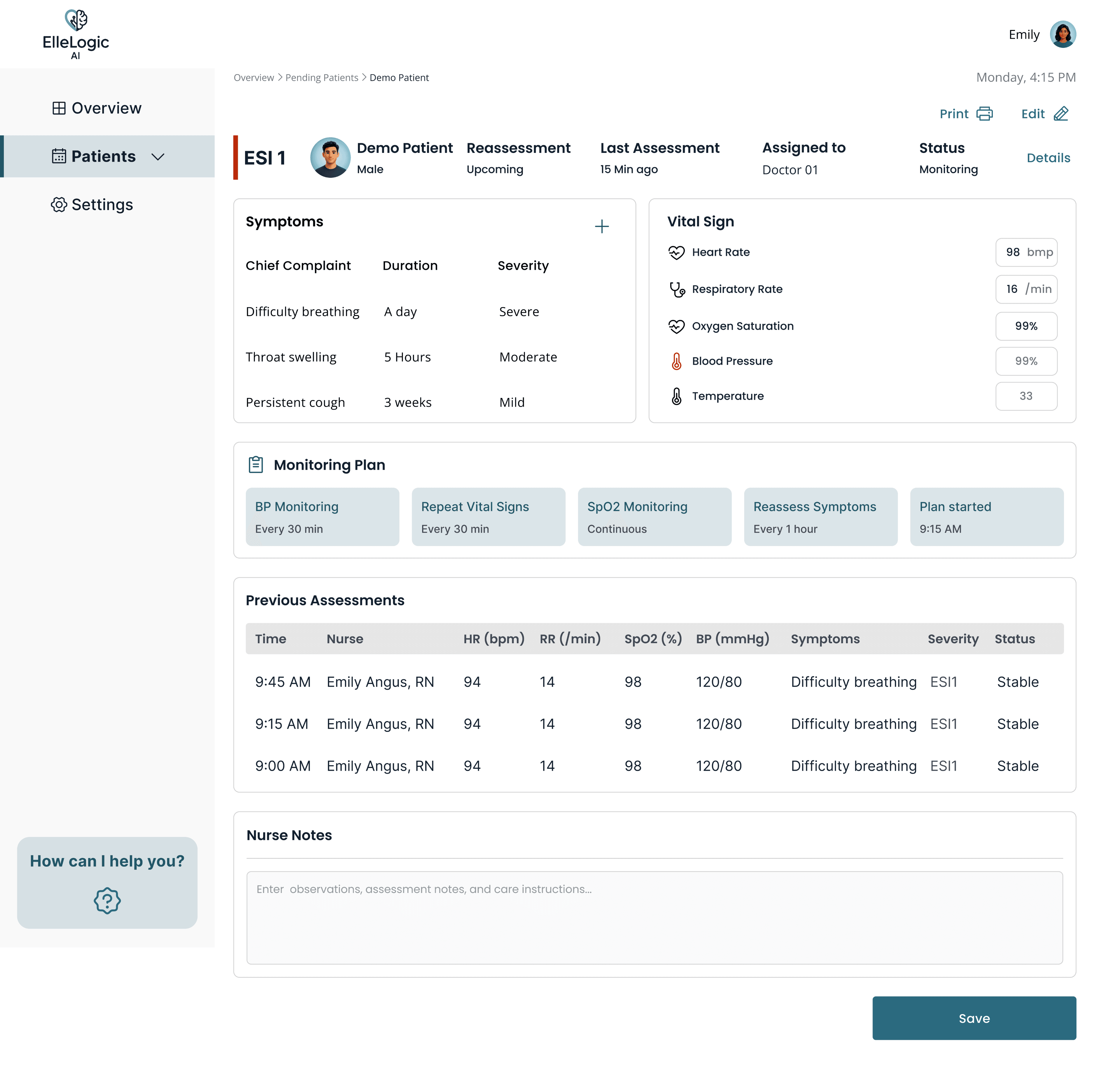 Pending patient under monitoring in ElleLogic AI